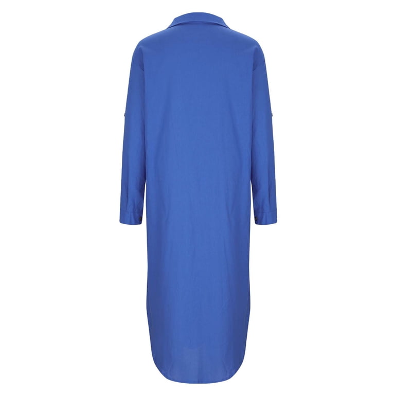 SMihono Womens V Neck Linen Maxi Shirt Dress Loose Long Sleeve Side Slit  Button Down Cotton Dress Casual Flowy Shift Dresses Blue M - Walmart.com