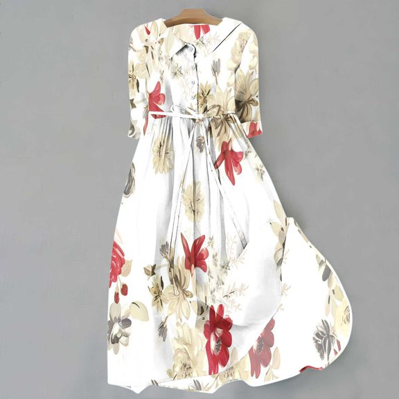 WFJCJPAF 2024 New Product 锛?Autumn Dresses for Women under $10 Terry Cloth,Women's Summer Printed Fashion 3/4 Sleeve Turndown Collar Dress - Beige M