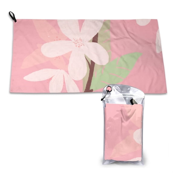 YFYANG Adult Microfiber Portable Travel Towel, Pink Painted Flowers Quick Dry Towel with Hiking Buckle PVC Pouch, 16" x 31.5"