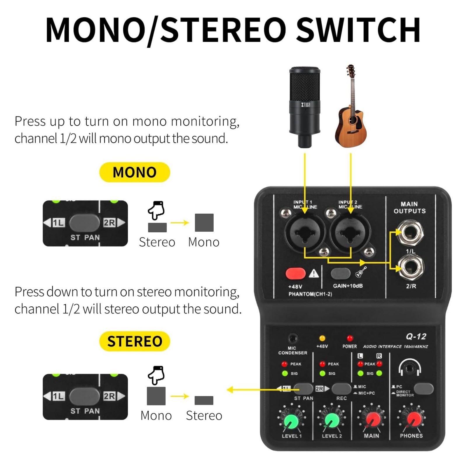 NATEFEMIN 16-Bit 48kHz USB Sound Mixing Console 2 Channel Portable Audio Interface for Music and Karaoke