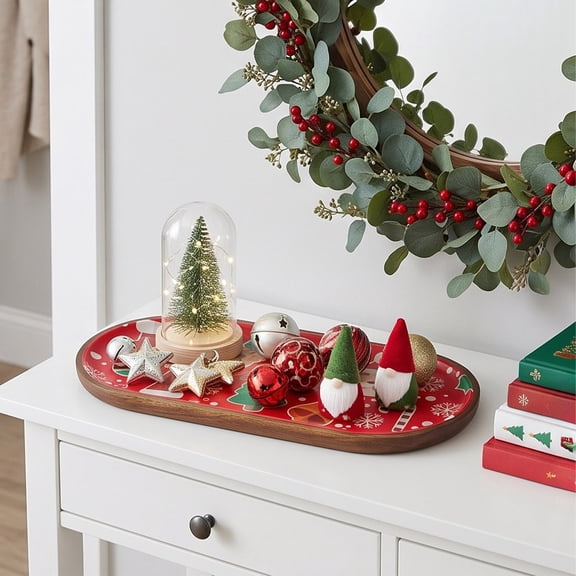 YingYouFu Christmas Serving Tray with Wooden Rim, Decorative Tray for Cookies Desserts Candy, Holiday Tabletop Decoration for Home Party Coffee Table
