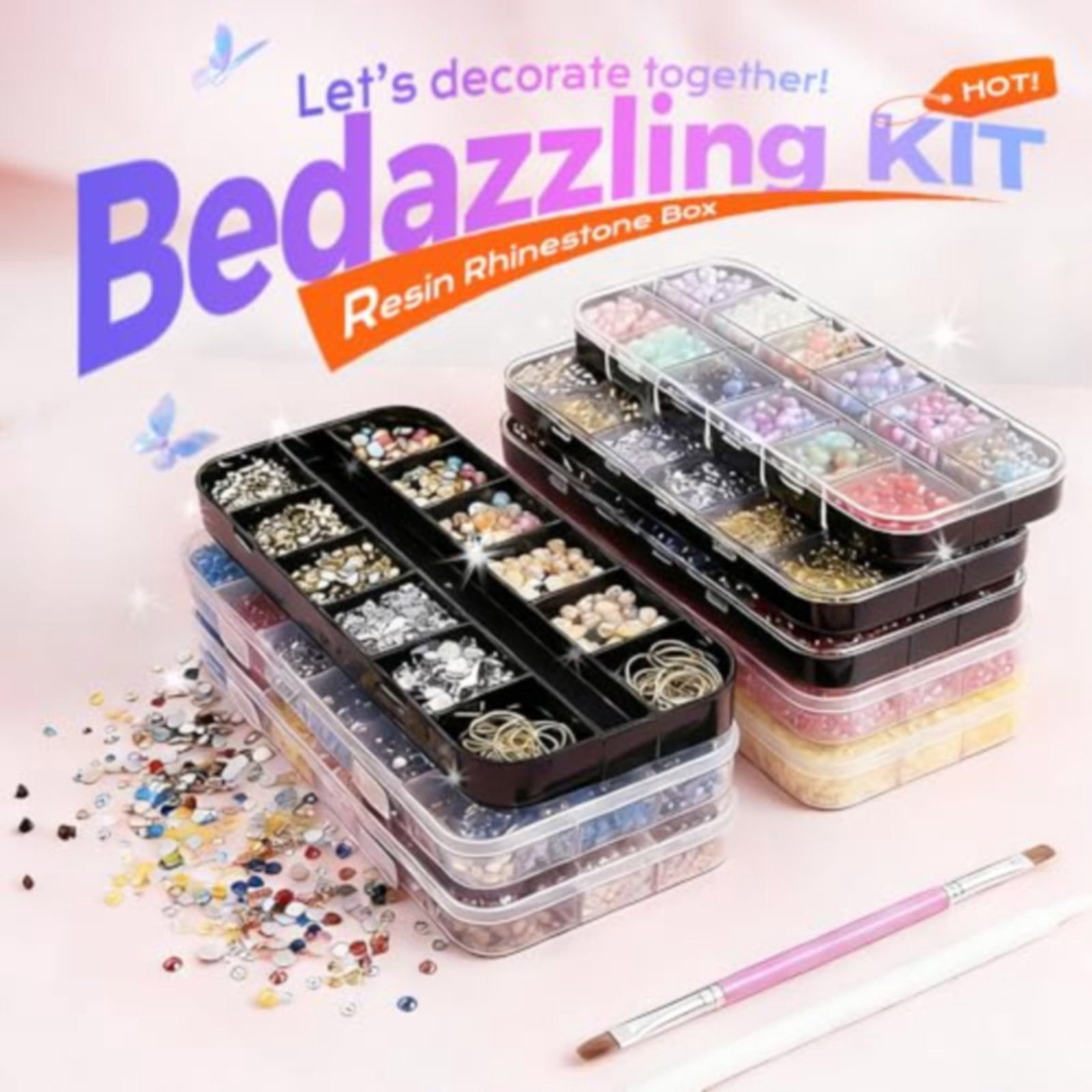 Bedazzle Rhinestones Craft Kit Multicolor 3 mm Flatback Resin Gems Set With Tweezers And Pickup Pens DIY Decoration Craft Supply Organizer Box