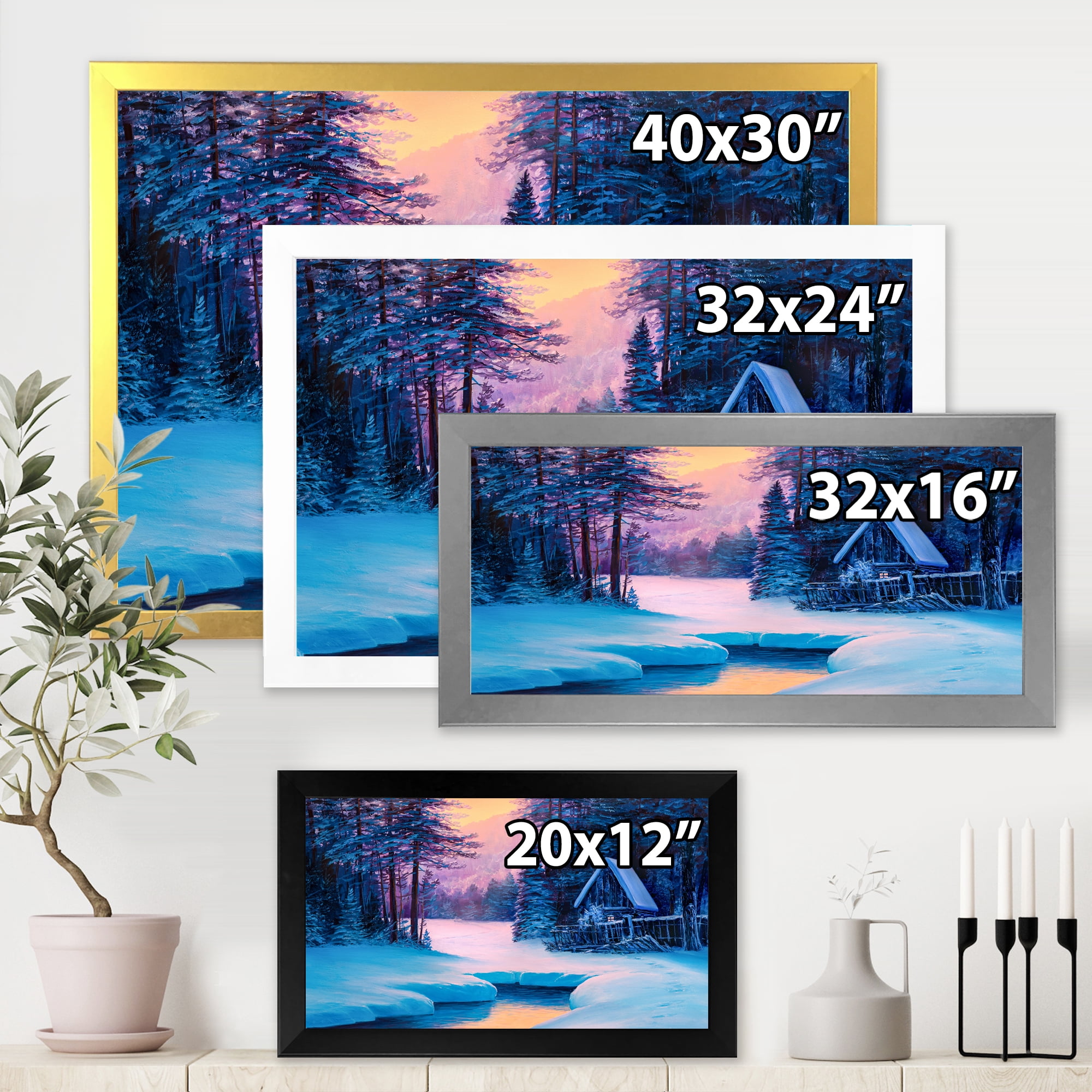 Designart 'The River House In The Woods and Winter Landscape II' Lake House Framed Art Print