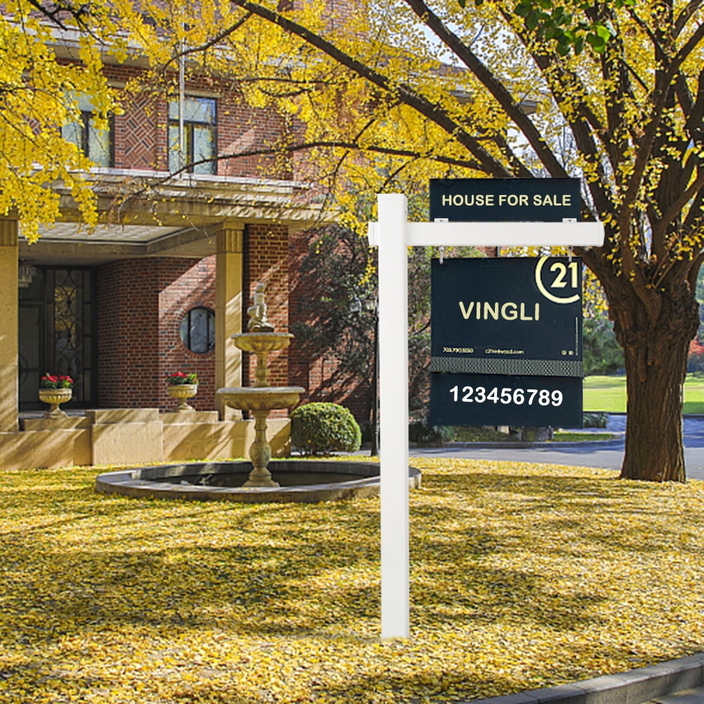 VINGLI 6' Vinyl PVC Real Estate Sign Post for Sale Hanging Ads, 36" Arm Holds up to 24" Sign-White