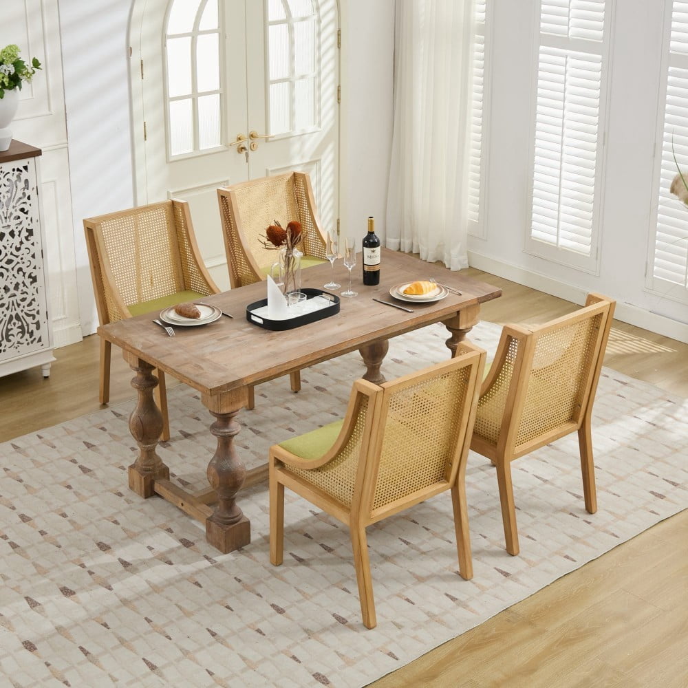 Rattan Dining Chair with Arms, Solid Wood Frame, Linen Upholstered Seat, Rustic Farmhouse Side Chair for Kitchen, Dining Room, Living Room, Olive Green