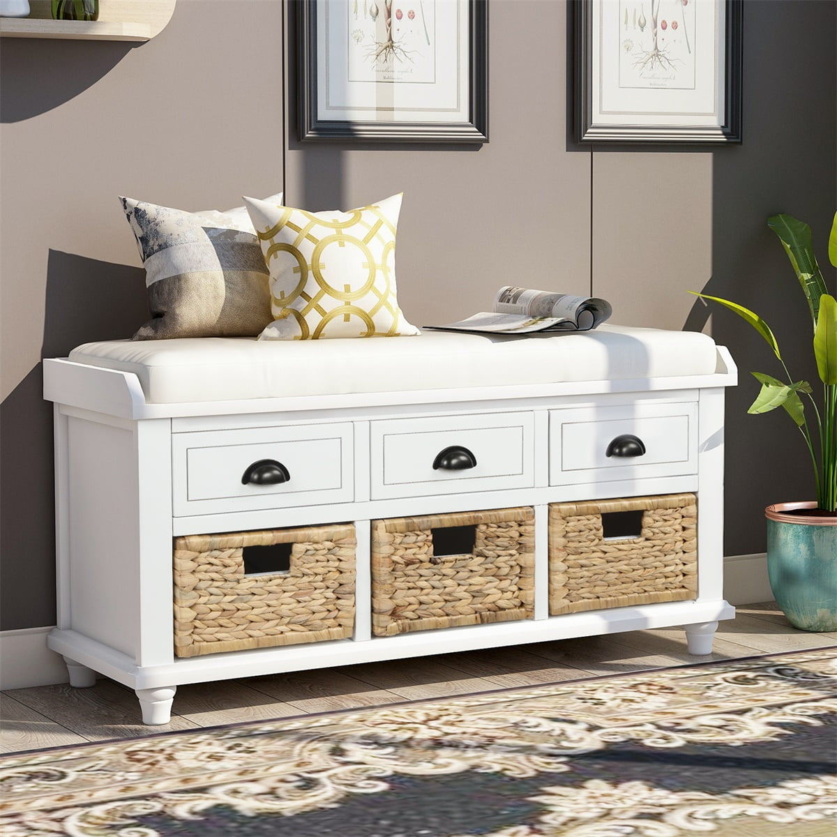 Rustic Storage Bench with 3 Drawers and 3 Rattan Baskets, Shoe Bench with Removable Cushion