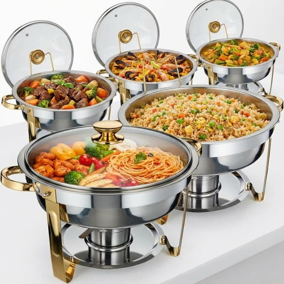 Accreate 5QT Stainless Steel Round Chafing Dish Set, Buffet Food Warmer with Clear Lid & Fuel Holder, For Weddings, Catering & Home Dining