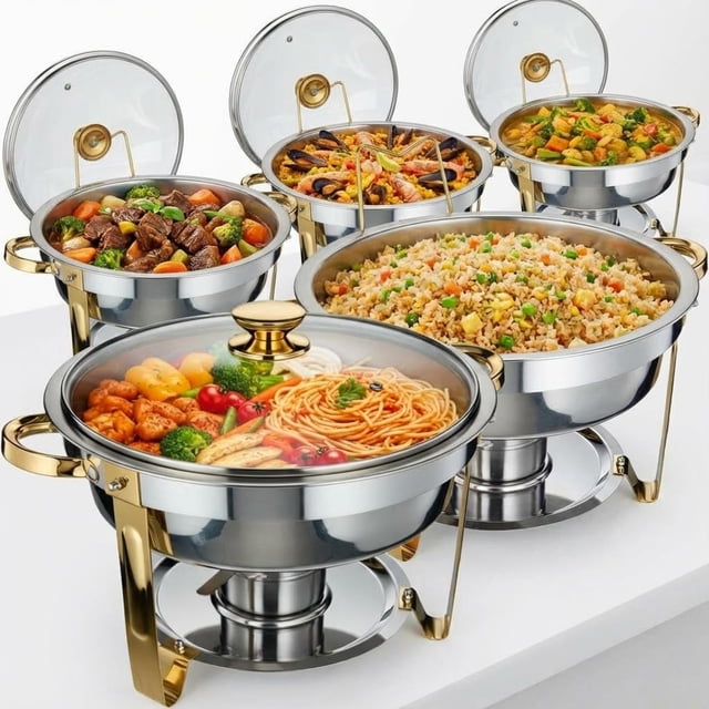 BeesClover Ensemble de Plats Ronds Anti-Frottement en Acier Inoxydable 5 Qt, Réchaud de Buffet avec Couvercle Transparent et Porte-Carburant, Convient aux Mariages, aux Événements de Traiteur et aux Repas à la Maison