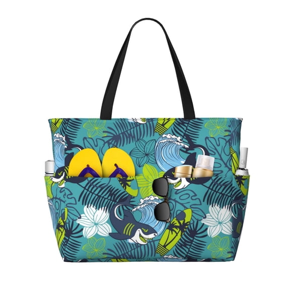 Large Beach Bags Water-resistant Sandproof - Palm leaf surfboard shark Cute Beach Tote Bags for Women with Zipper