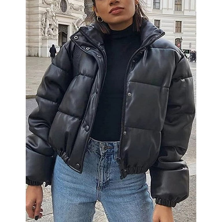 DanceeMangoos Women's Oversized Cropped Puffer Jacket Black Short