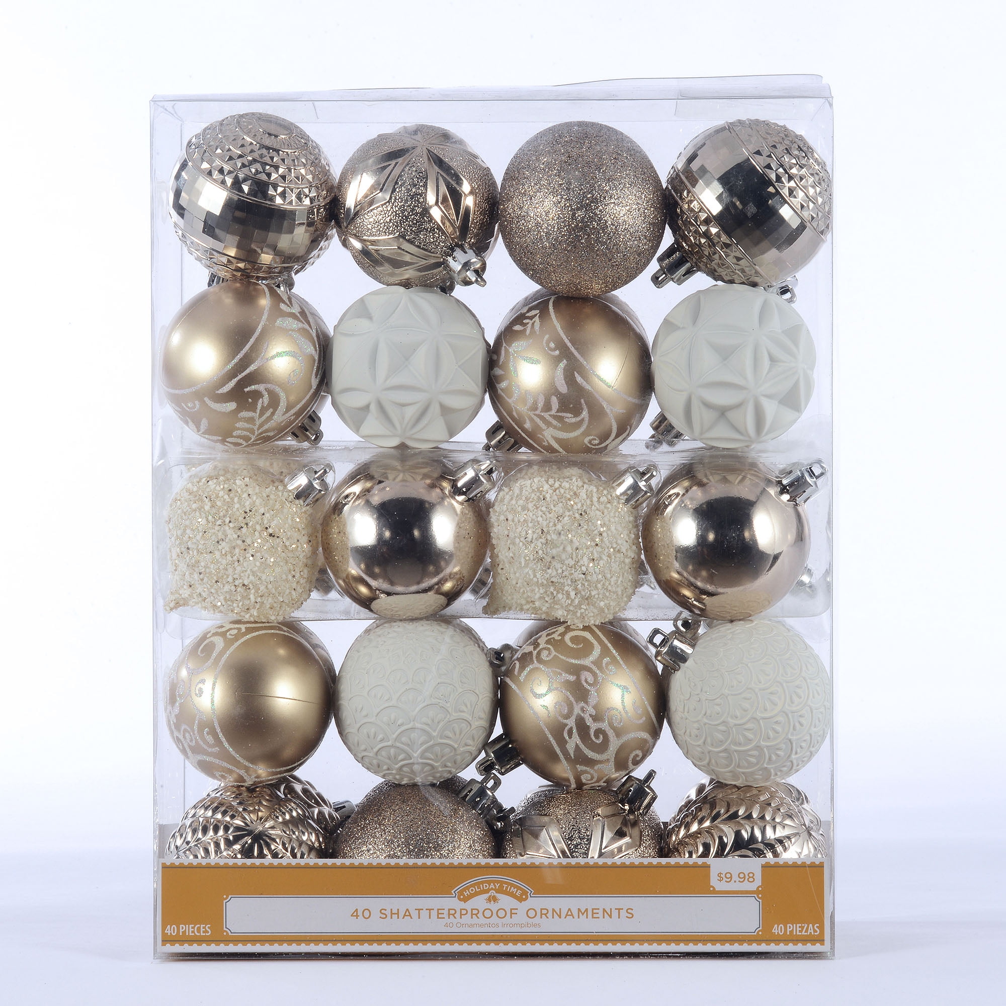 Holiday Time 40 Count Shatterproof Ornaments Gold & White Walmart