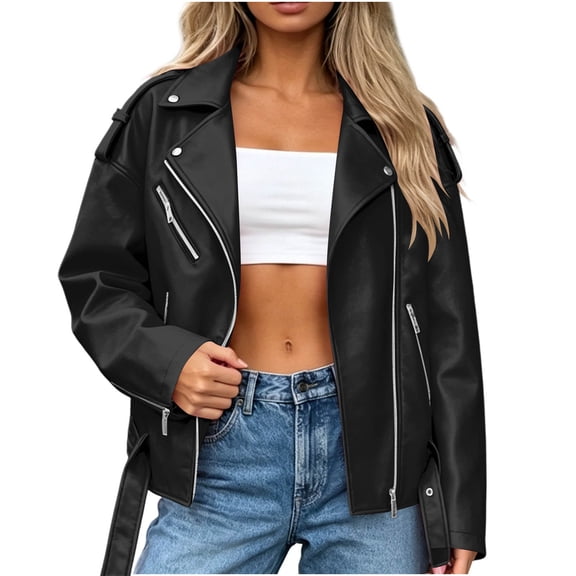 cocolona Plus Size Jackets for Women Fall Trendy Zipper Long Sleeve Leather Biker Jacket Vintage Classic Oversized Coat