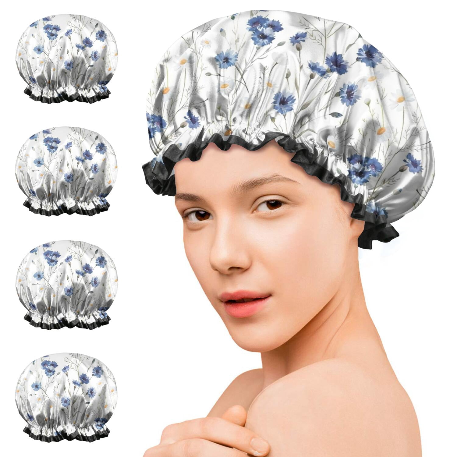 Shower Caps,White Daisy Flower Pattern Waterproof Shower Cap for Women 4 Pieces,Double Reusable Hair Cover for Shower PEVA Elastic Stretch Hem