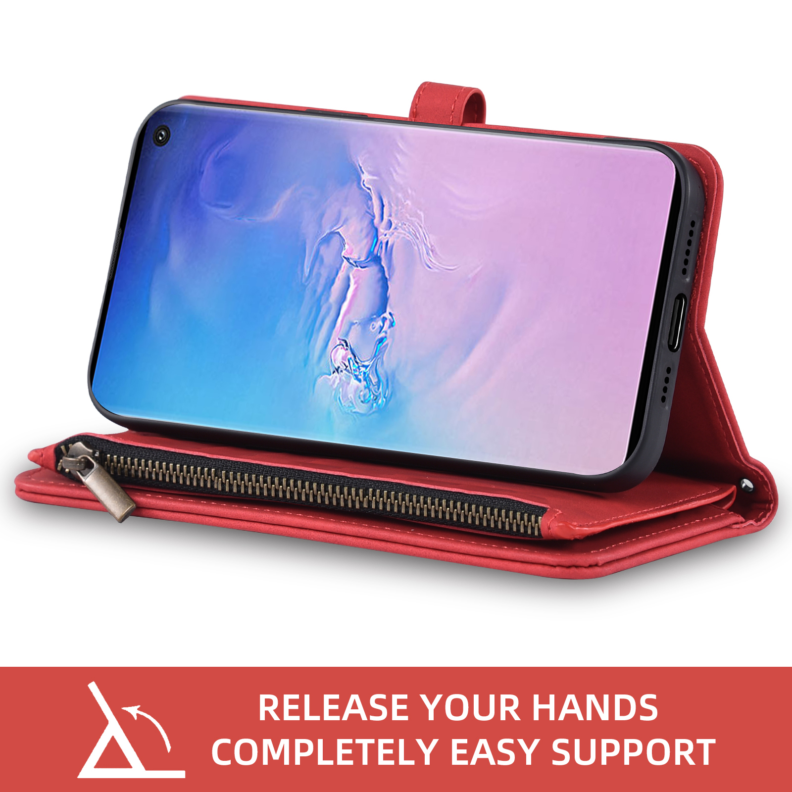 Asuwish Phone Case for Samsung Galaxy S10 Wallet Cover With Tempered Glass Screen Protector Crossbody Wrist Strap Flip Pattern Zipper Credit Card Holder Stand Cell S 10 Edge 10S GS10 X10 Women Red