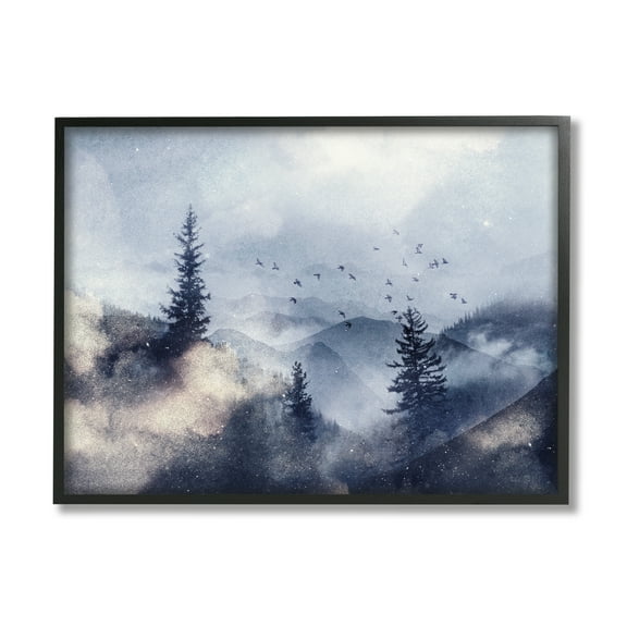 Stupell Industries Birds Over Mountain Scene Nature Painting Black Framed Art Print Wall Art, 14 x 11