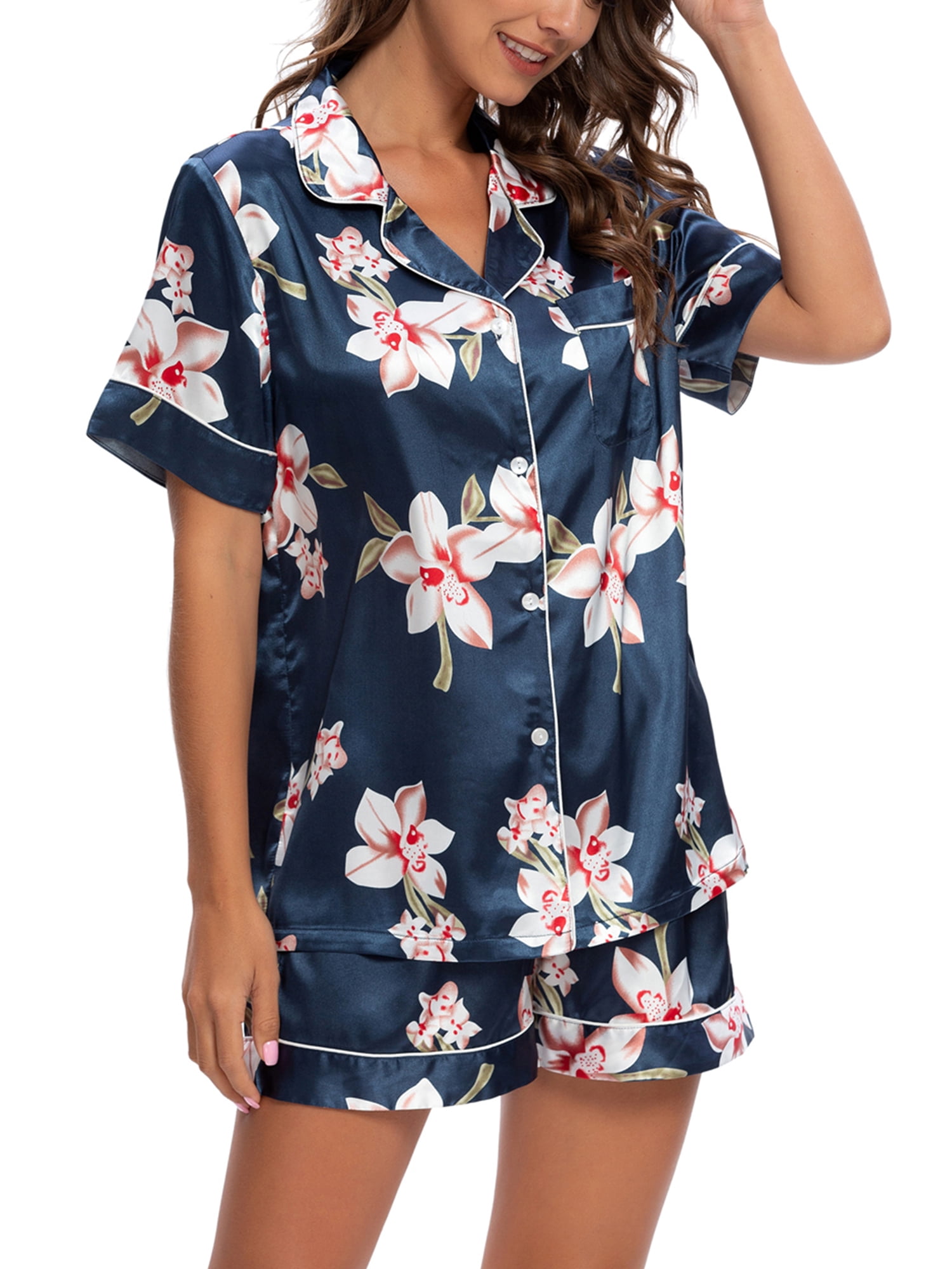 Unique Bargains Womens Floral Button Down Shirt Shorts Satin 2pcs Pajama Sleepwear Sets