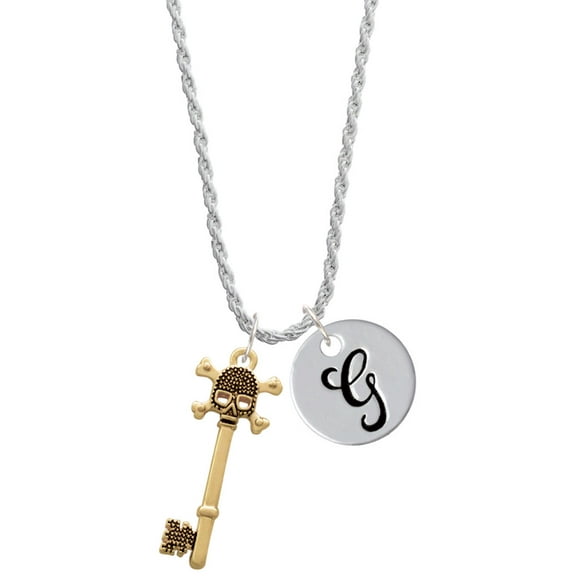 Delight Jewelry Goldtone Antiqued Beaded Skull Key Silvertone Script Initial Disc - G - Charm Necklace, 20"+3"
