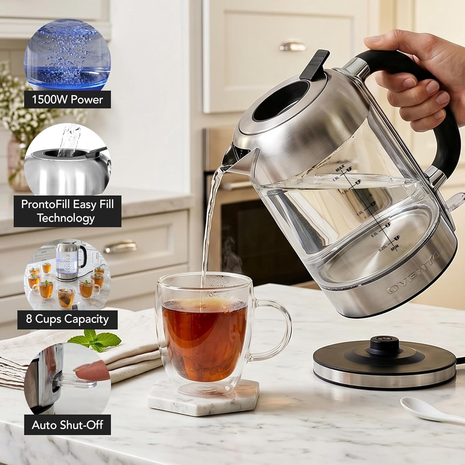 OVENTE Electric Kettle, 1500W No Plastic 1.8L Tea Kettle and Hot Water Boiler For Coffee or Tea, Easy to Fill Lid, Auto Shut-Off, Borosilicate Glass with Stainless Steel Filter, Silver KG71S