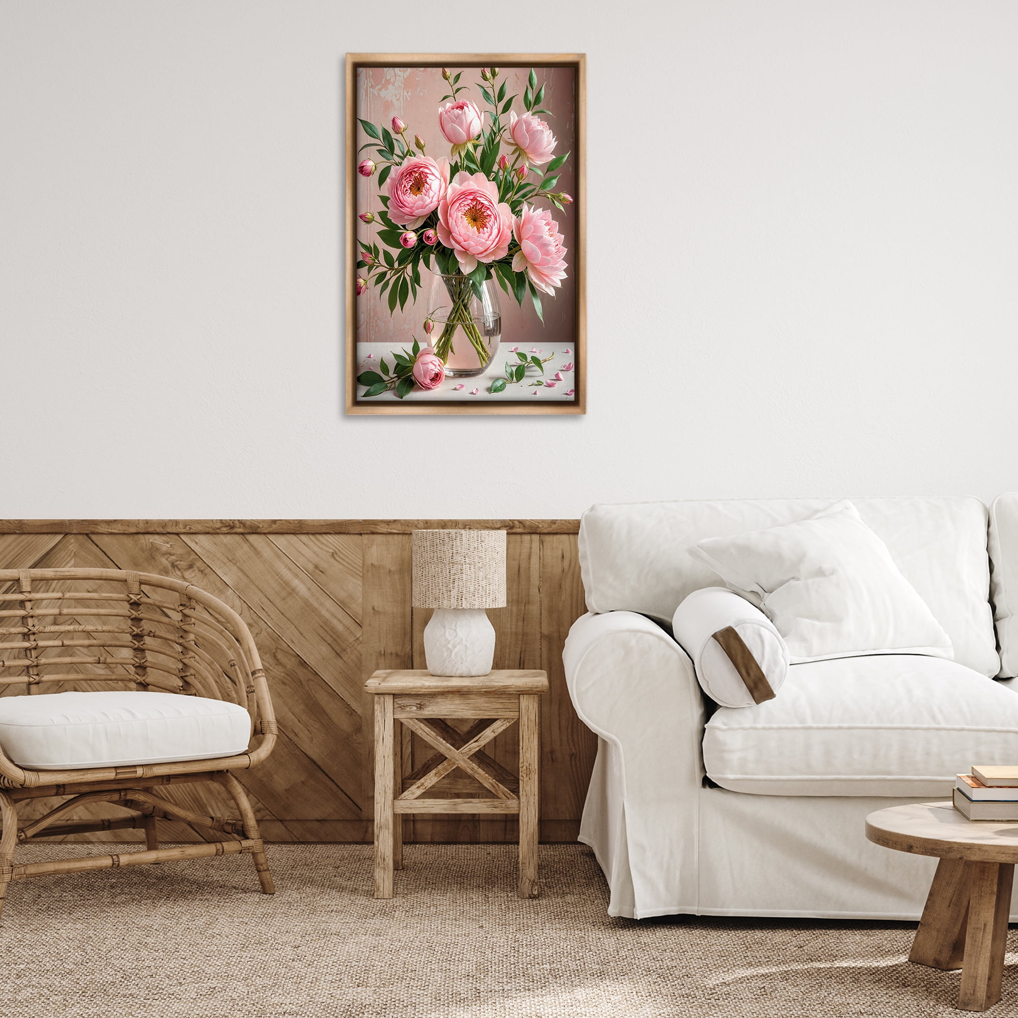 Stupell Industries Elegant Peonies in Vase Plants & Flowers Painting Brown Floater Framed Canvas Art Print Wall Art, 21 x 31
