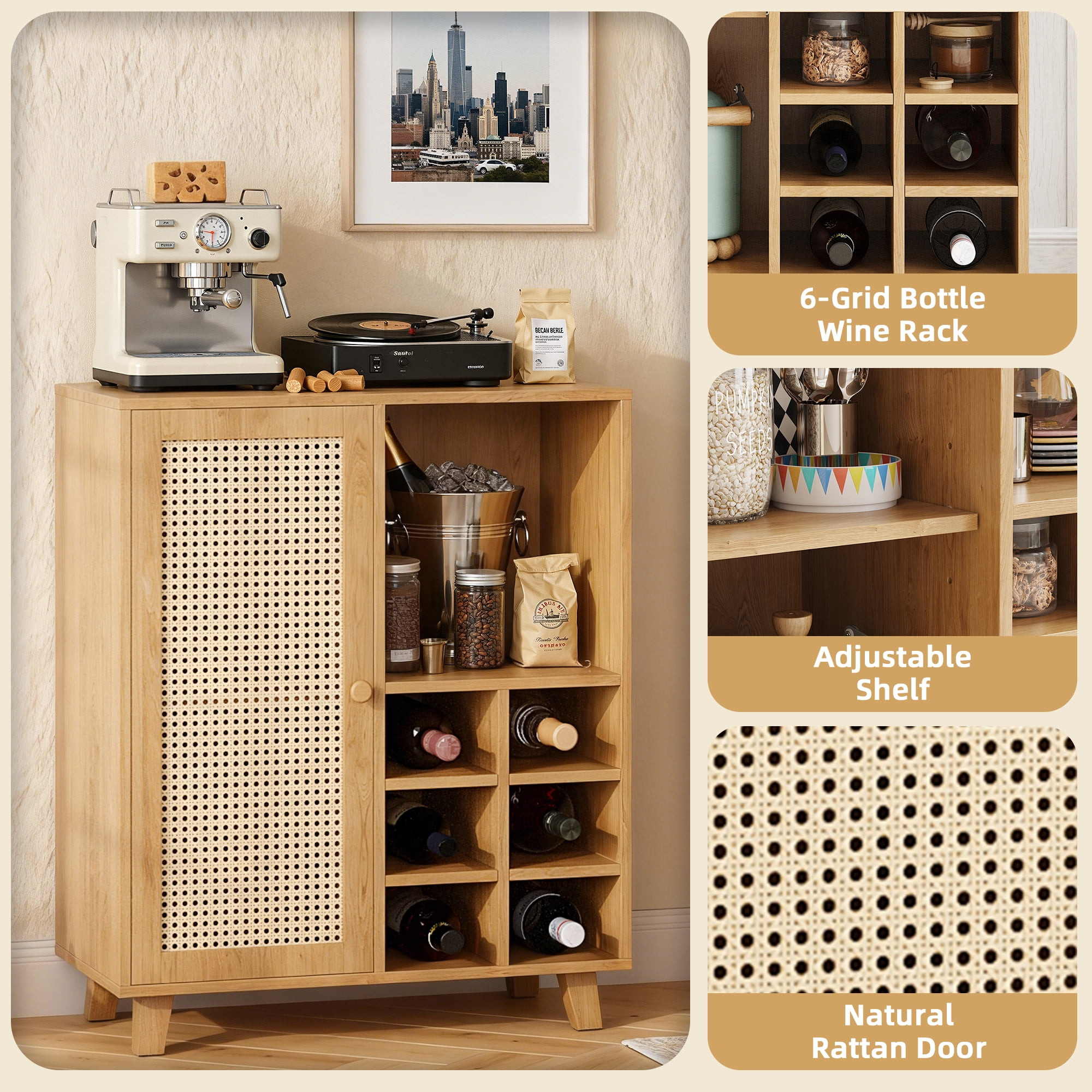 MAYEERTY Rattan Sideboard Cabinet with Wine Racks, Versatile Storage for Kitchen & Entryway, Natural