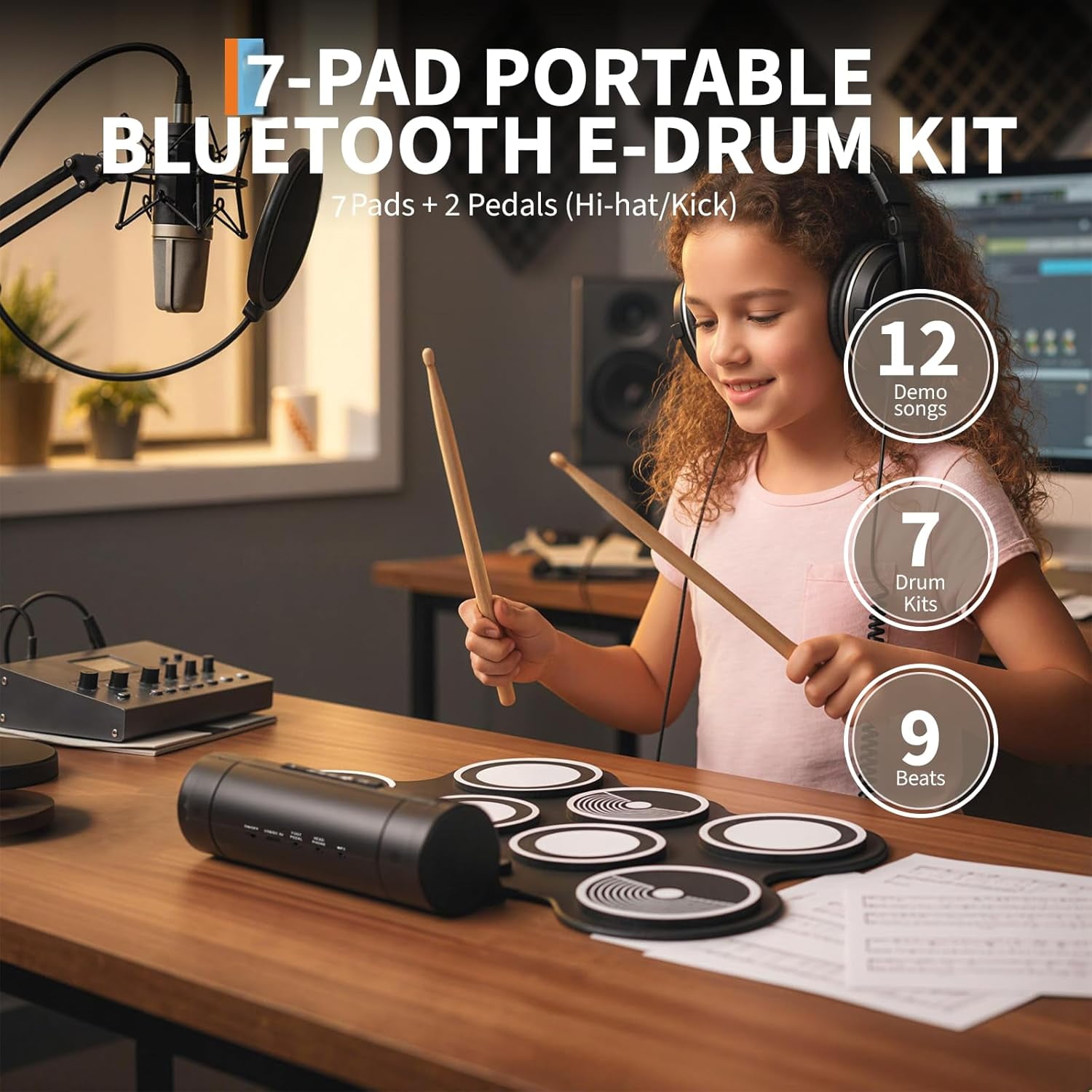 7-Pad Electronic Drum Set with Headphone Jack, Built-In Speaker, Drumsticks & Pedals, Portable Electric Drum Kit for Beginners