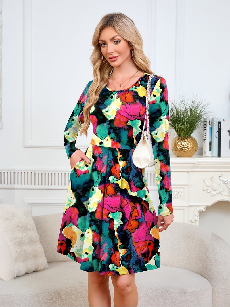 Chiclily Women's Long Sleeve Fall Dress Casual Pleated Swing T-Shirt Dresses with Pockets, Multicolored S