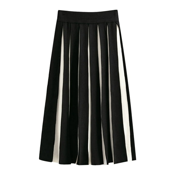 HexaHive Women's Vertical Striped Knit Midi Skirt - High Elastic Waist and A-Line Pleated Design