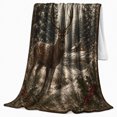 thumbnail image 2 of Winter Stag in Snowy Pine Forest with Cabin and Holly Berries, Rustic Wildlife Scene, Evergreen Border Motif Warm Flannel Blanket, Christmas Gift for Cabin Home Decor, 2 of 9