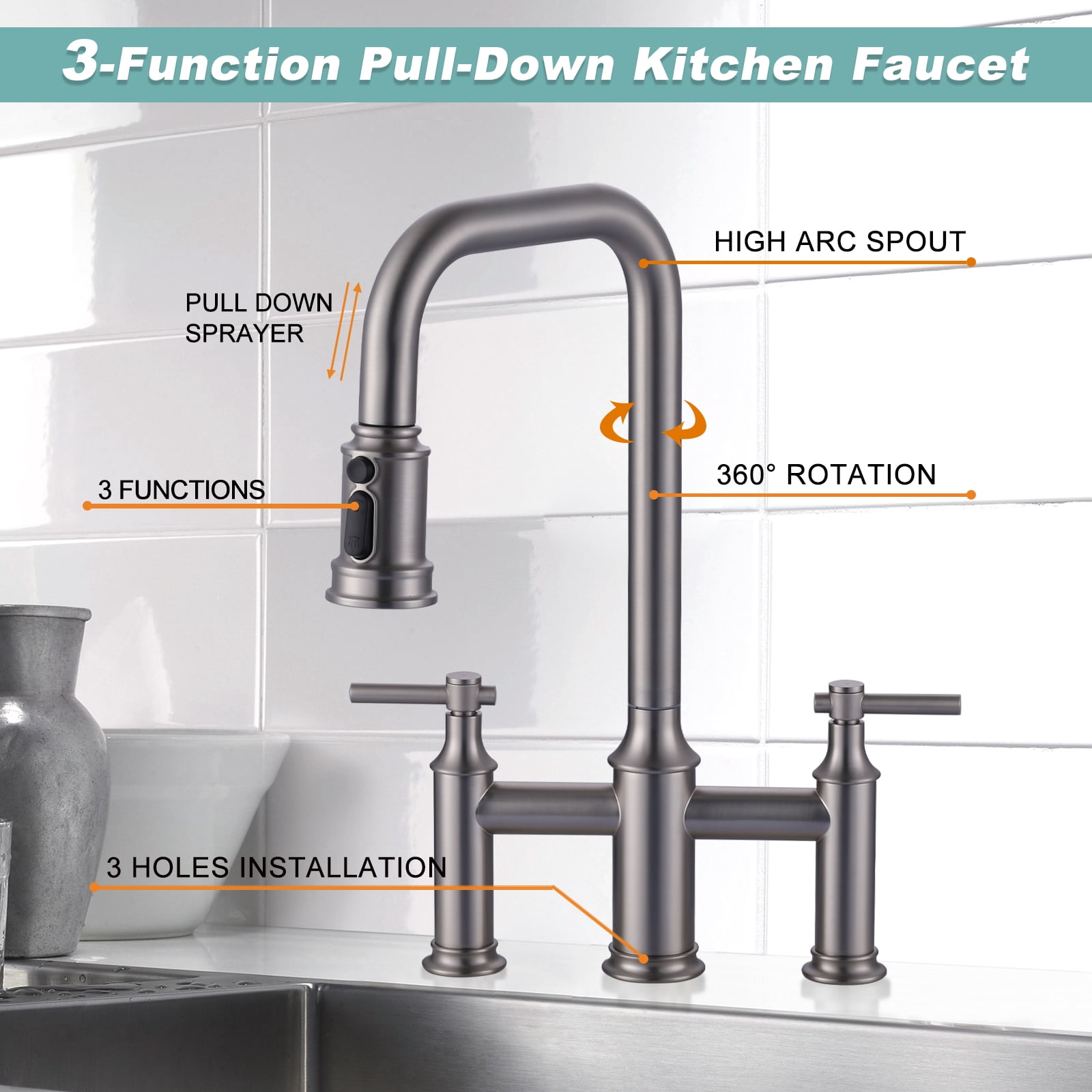 Double Handle Bridge Kitchen Faucet with Advanced Spray in Brushed Nickel