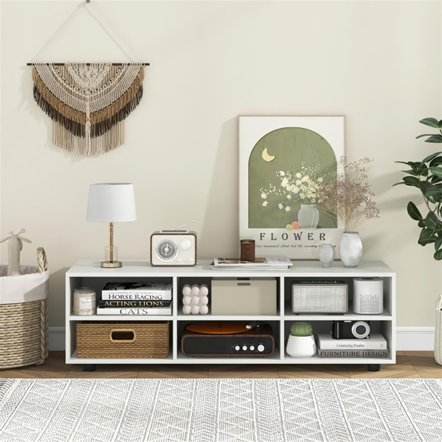 Demi Bonn TV Stand for 50" TVs, Entertainment Center with Storage Shelves, Modern Media TV Console Table for Living Room Bedroom, White