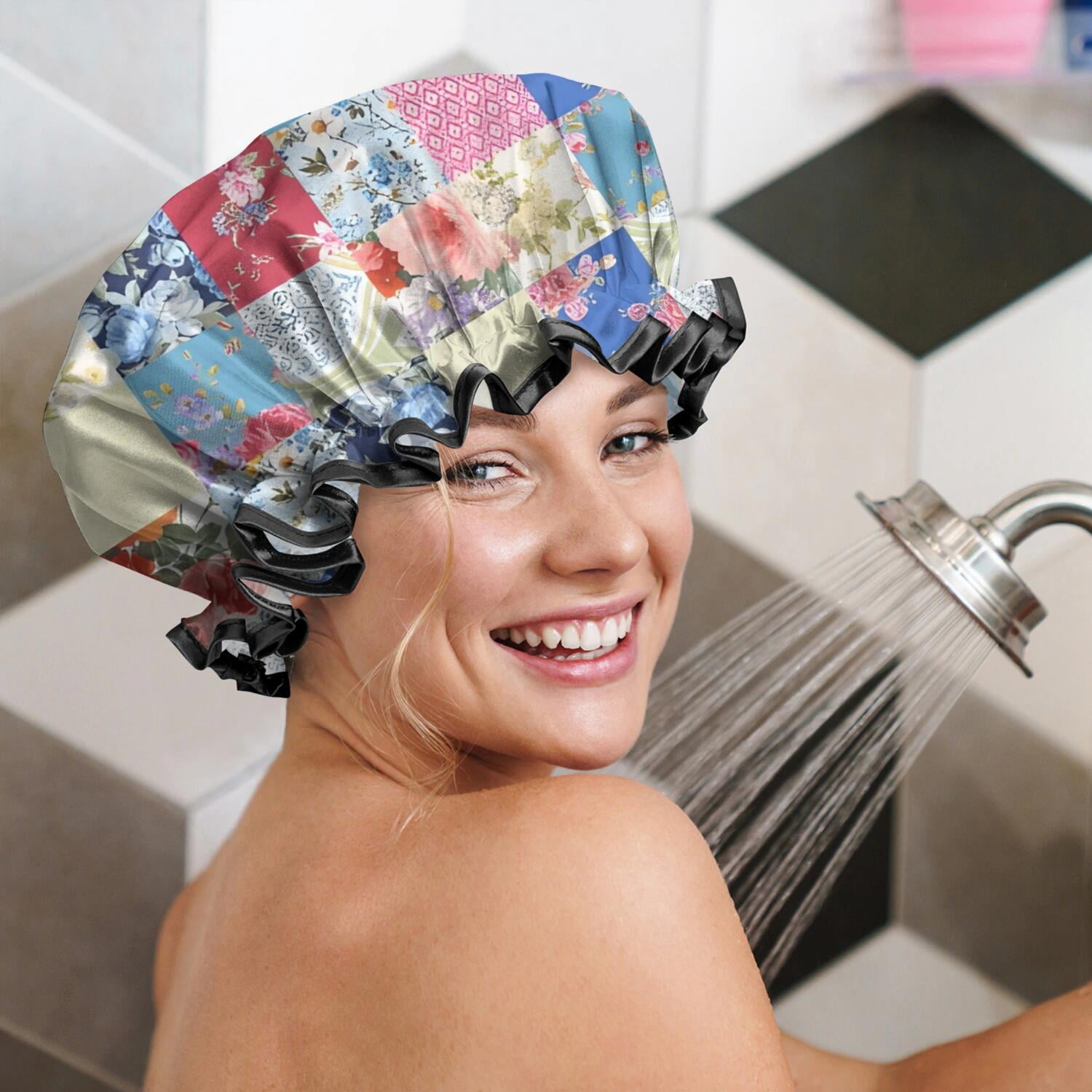 Shower Caps,Patchwork Pioneer Flower Waterproof Shower Cap for Women 4 Pieces,Double Reusable Hair Cover for Shower PEVA Elastic Stretch Hem
