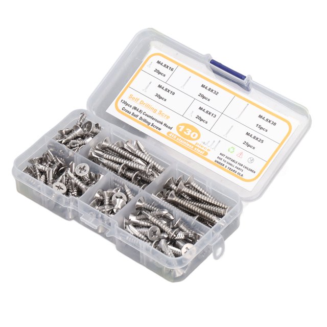 130Pcs Flat Head Screw Stainless Steel M4.8 Rust Proof Self Drilling Screws 6 Specifications Screw Set With Storage Box For Fiberglass Metal Sheets Roofing
