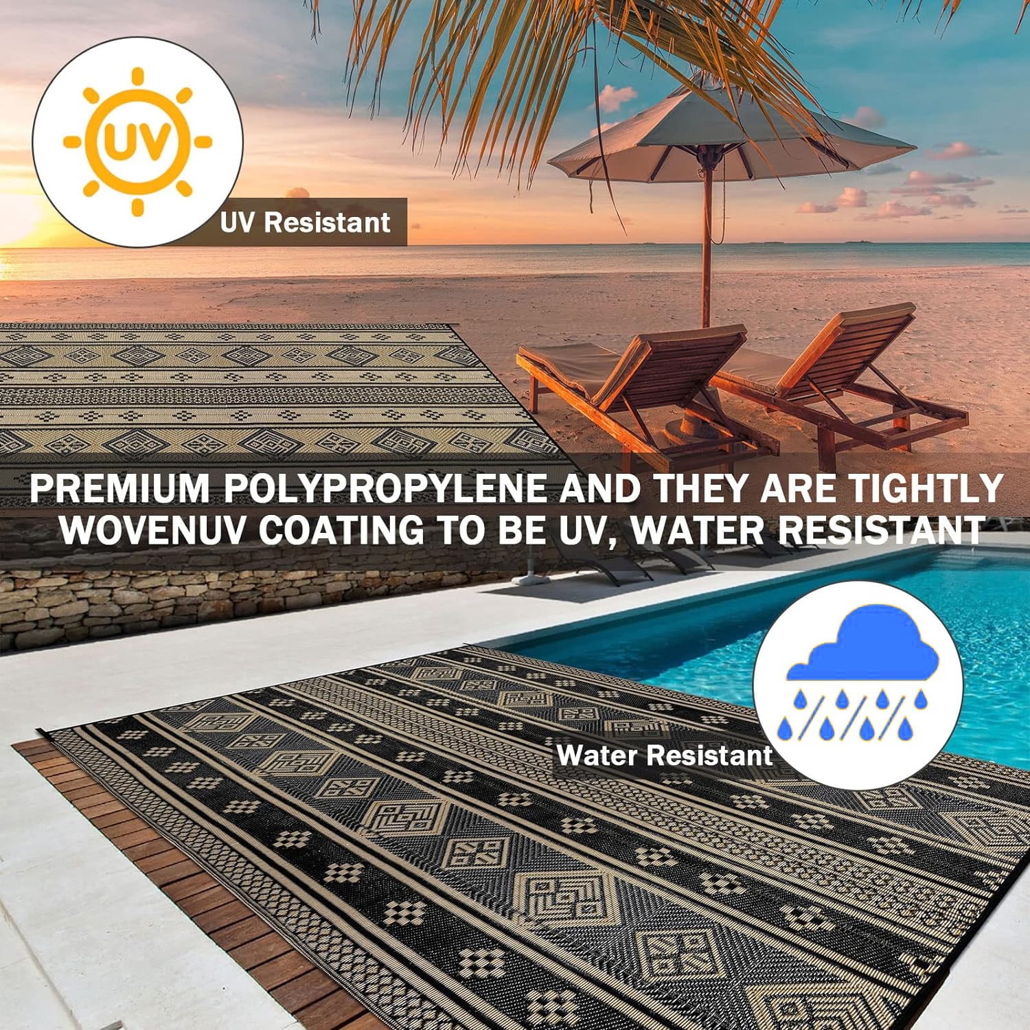 6'x9' Outdoor Rugs, Yamaziot Waterproof Plastic Patio Rug, Reversible Outdoor Mats for RV Camping Picnic Garden Backyard Balcony Porch Beach, Black