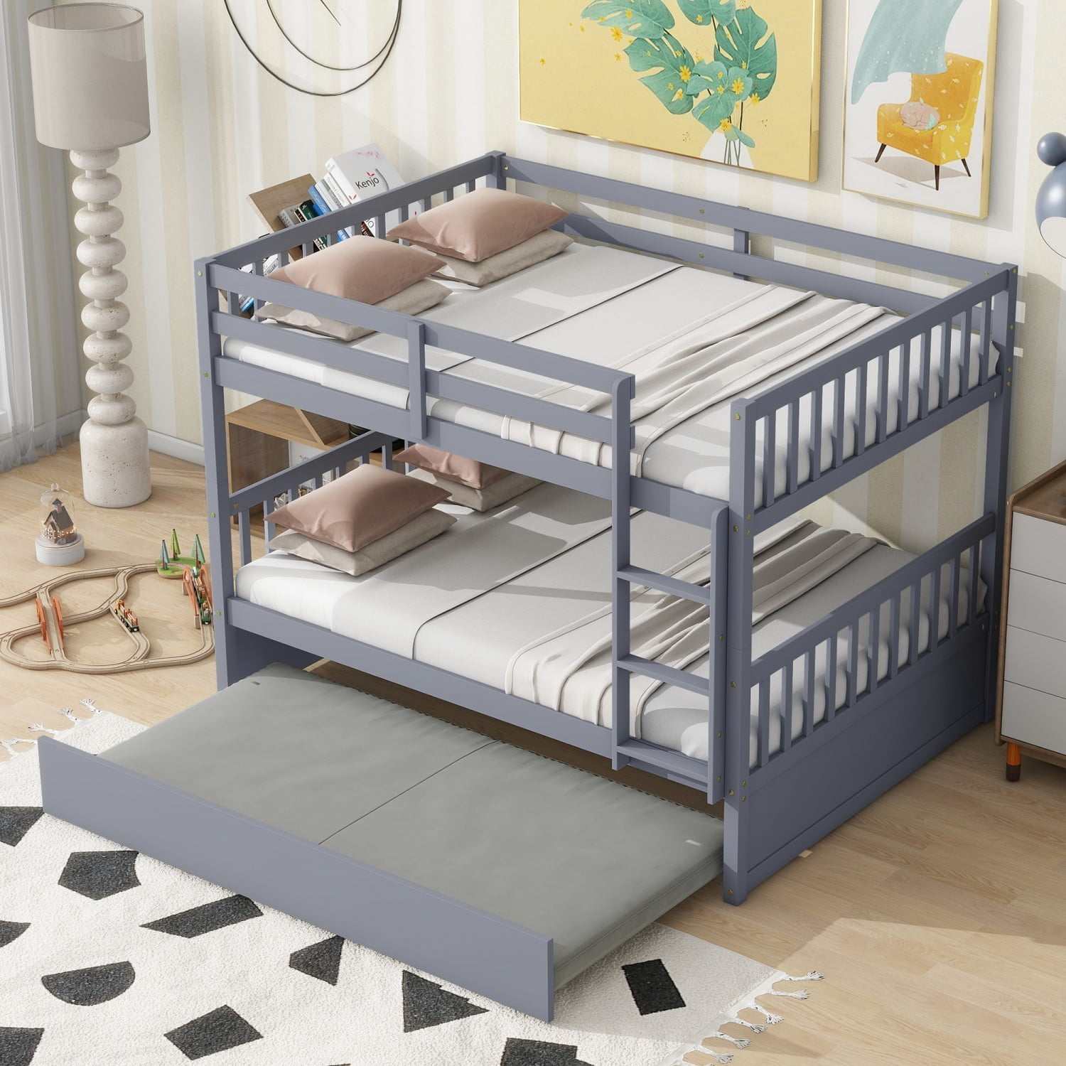 Full Over Full Bunk Bed with Twin Trundle, Convertible Wooden Bunk Bed with Guardrails & Ladder, Detachable into 2 Full Size Beds, Grey