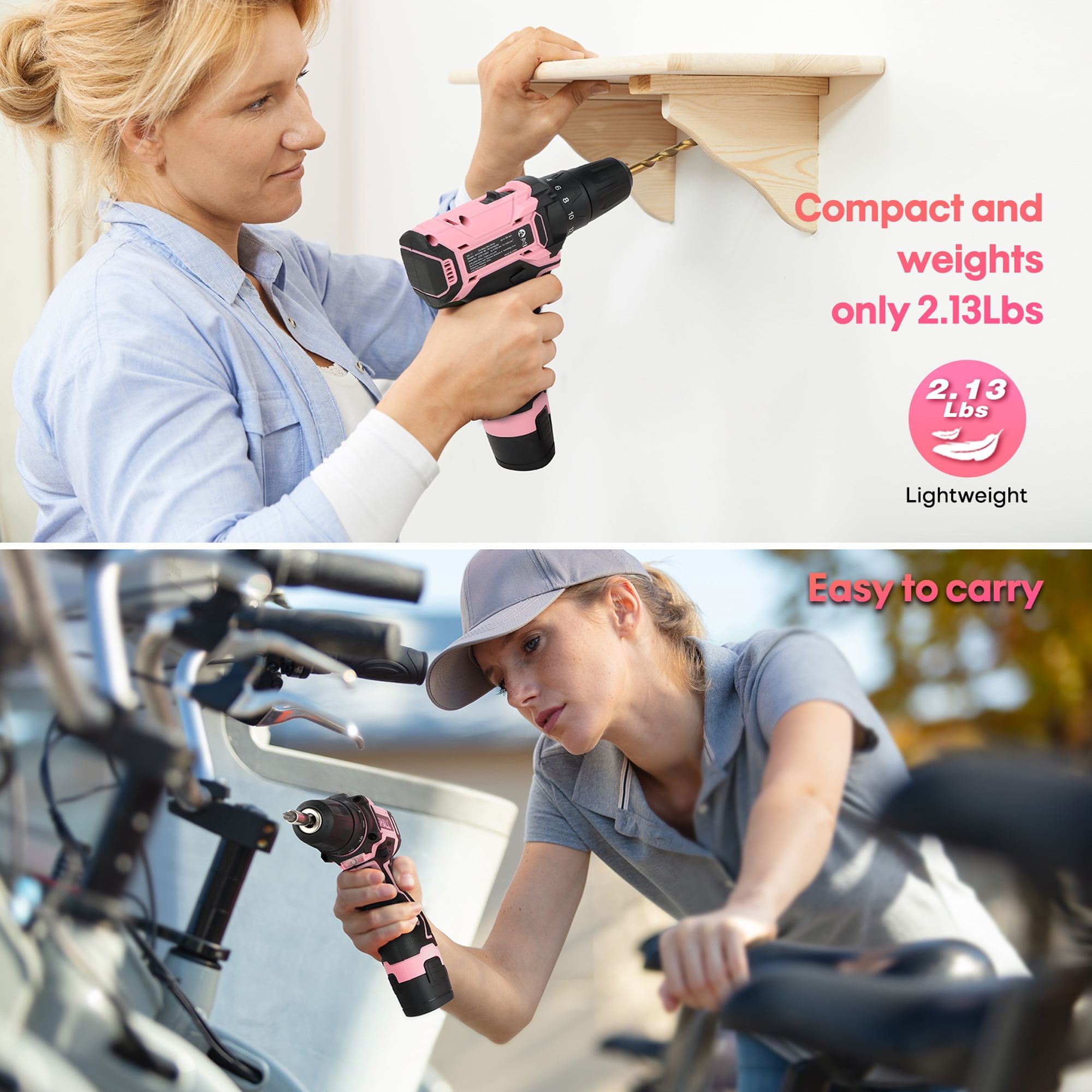 SHALL 12V Cordless Drill Set Combo Kit, 43-Piece Power Drill Cordless, Electric Drill with 32 Screwdriver Bit Set, Tool Kit with Drill 3/8 Driver, Pink Drill Set for Women