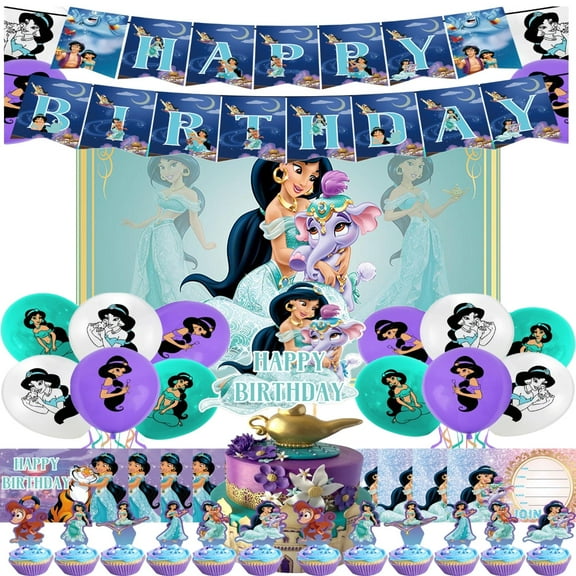 Princess Jasmine Happy Birthday Decorations - Princess theme party set, including backdrop, balloons, invitation card, cake toppers