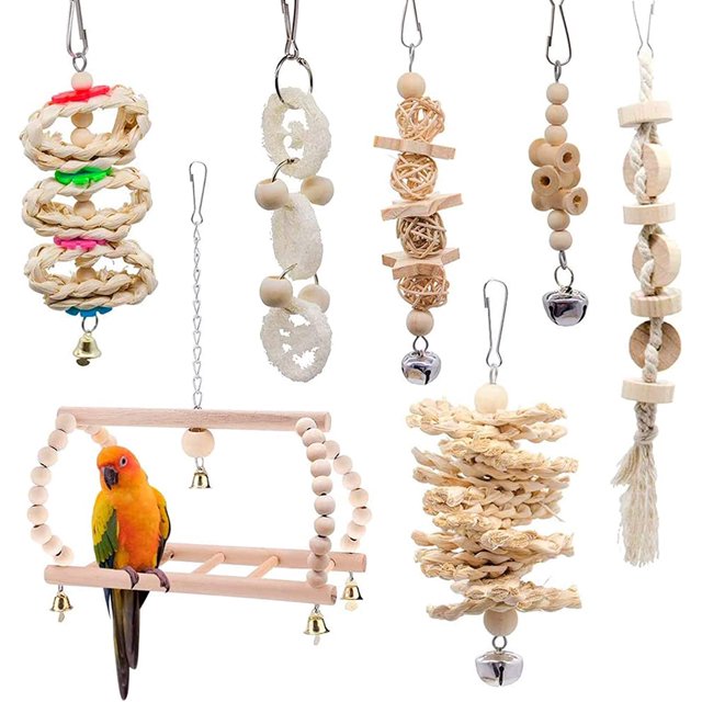 Paquete de 7 juguetes para pájaros para loros, columpios de juguete para masticar pájaros, escaleras de puente de juguete colgantes, campanas de juguete colgantes para loros, periquitos, tortolitos brillar Electrónica