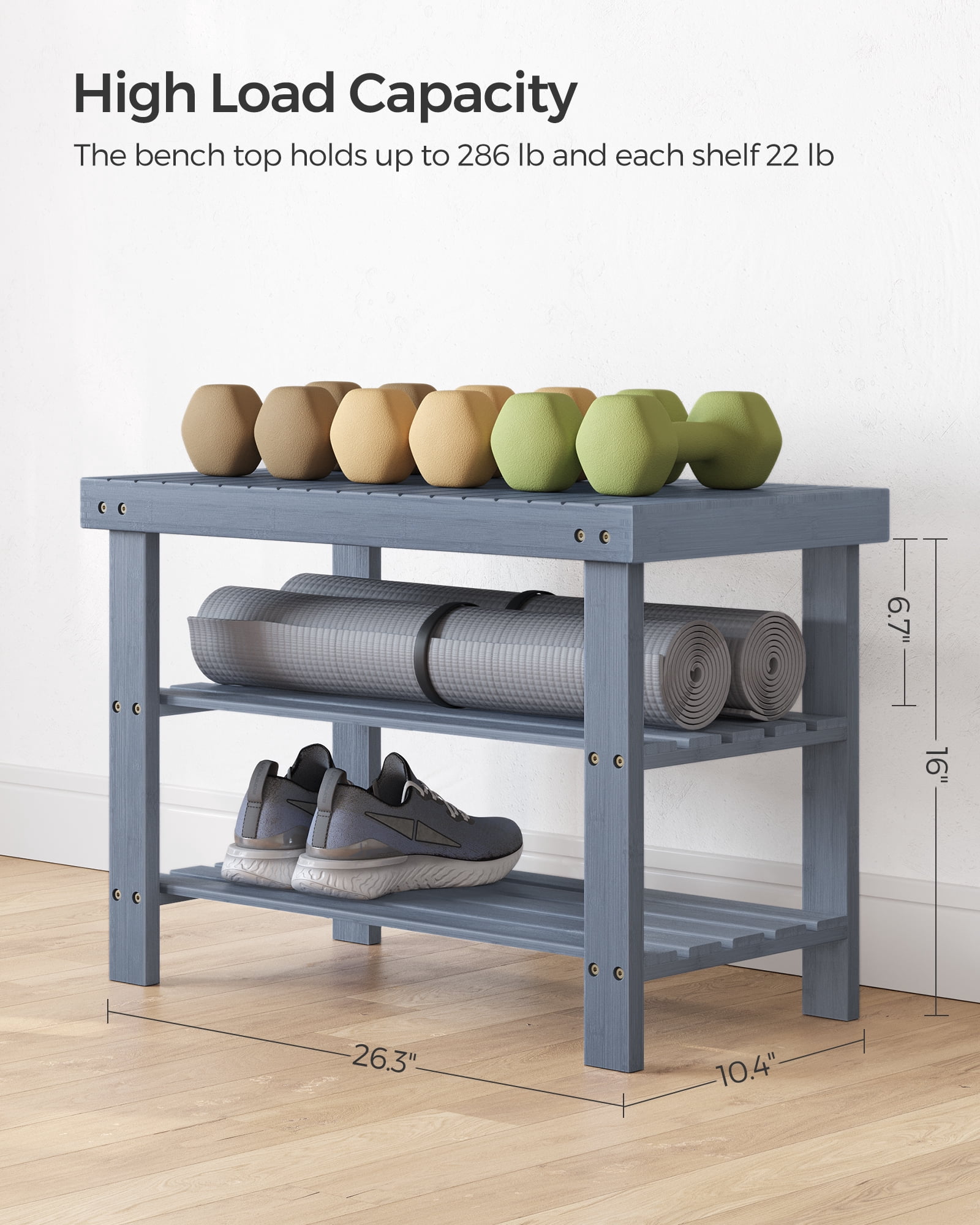 3-Tier Shoe Rack Bench, Hallway Bamboo Organizer, Home Storage Shelf with Holds 286 lb, Gray