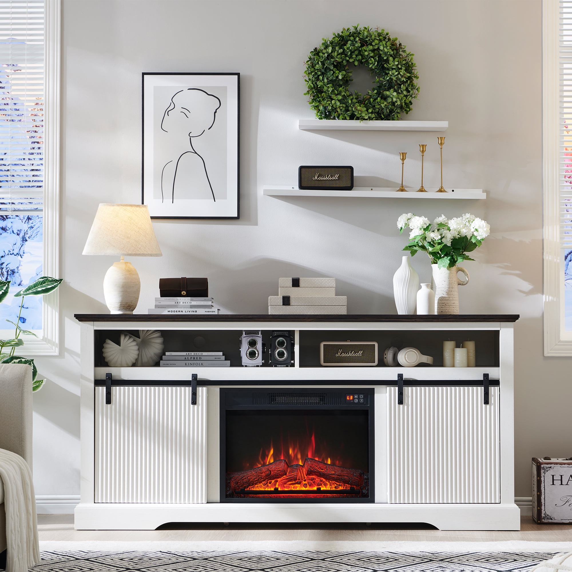 wow97e Fluted Fireplace TV Stand for TVs Up to 75 Inch with 23" Electric Fireplace, Modern Entertainment Center w/Waveform Panel Sliding Door & Adjustable Shelves for Living Room