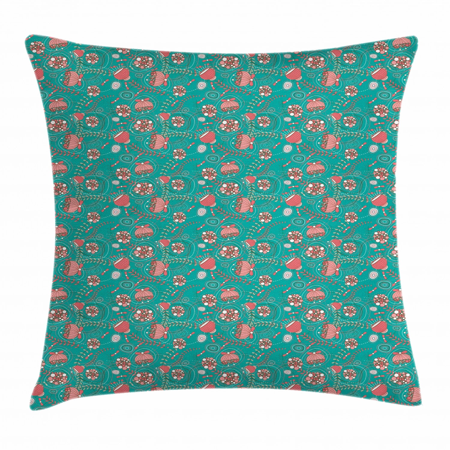 Teal and Pink Throw Pillow Cushion Cover, Abstract Flowers with Pink