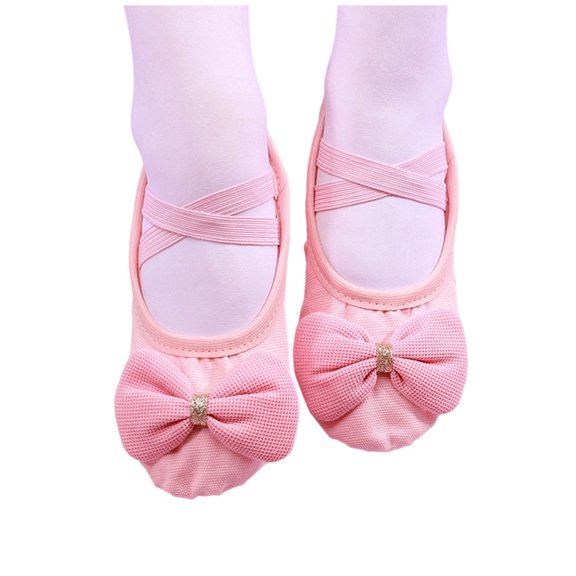Xfvqtps Ballet Shoes for Girls Soft Sole Non Slip Cross Elastic Straps Bow Canvas Dance Shoes for Gymnastics Performance Pink