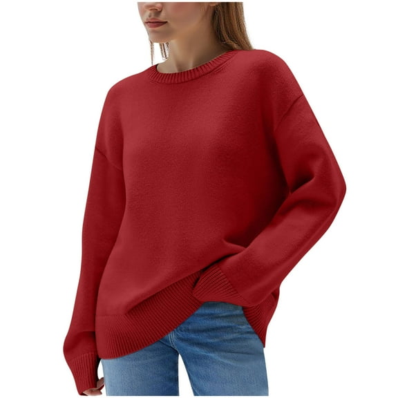 Erwazi Women's Sweater Solid Color Crew Neck Long Sleeve Loose Pullover Tops Winter Cozy Knitted Sweaters with Curved Hem