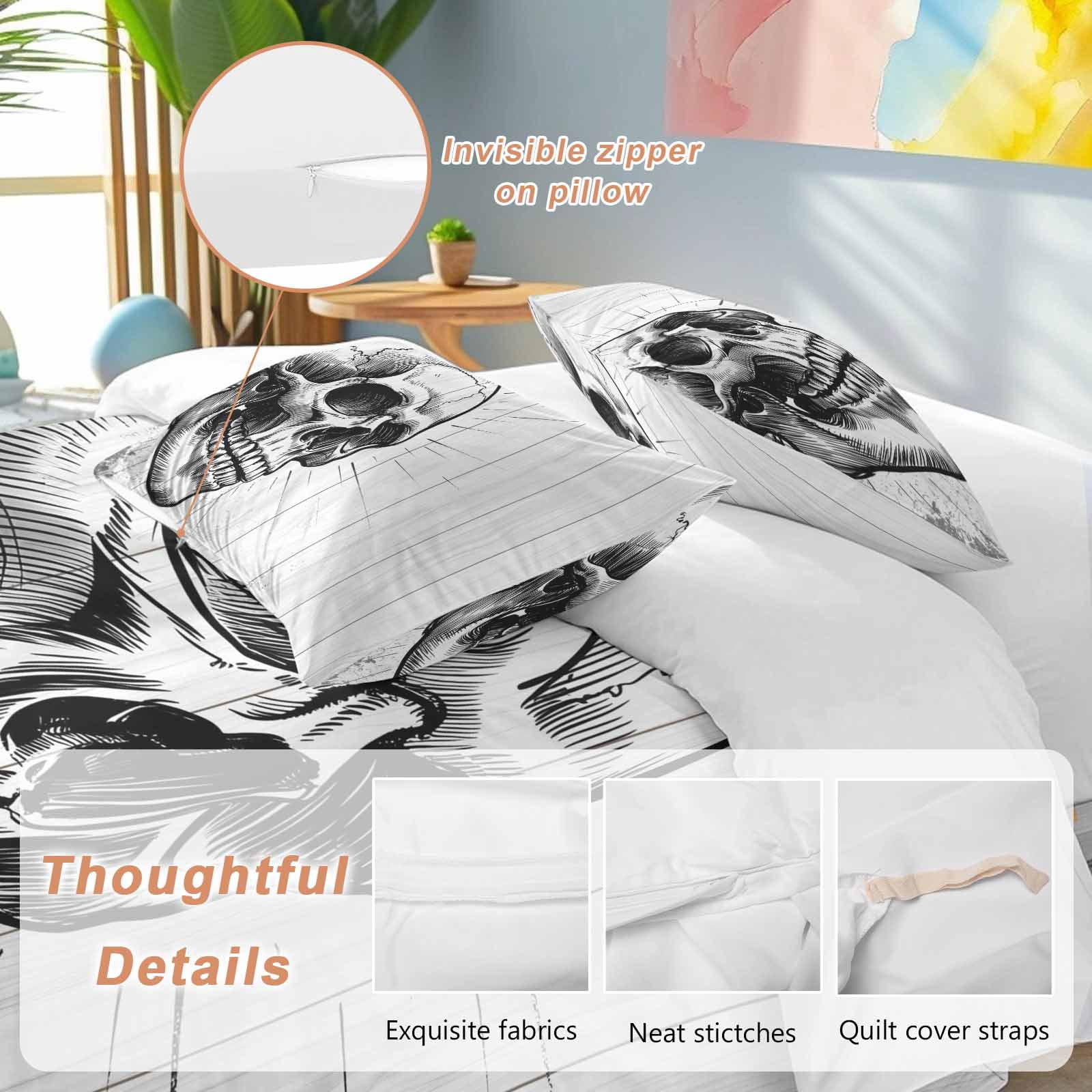 Horror Skull Bedding 3 Piece Duvet Cover Set California King, Black Skeleton Spooky Halloween Soft Microfiber Comforter Cover with Zipper Closure & Pillowcases, Wrinkle & FadeResistant Quilt Cover
