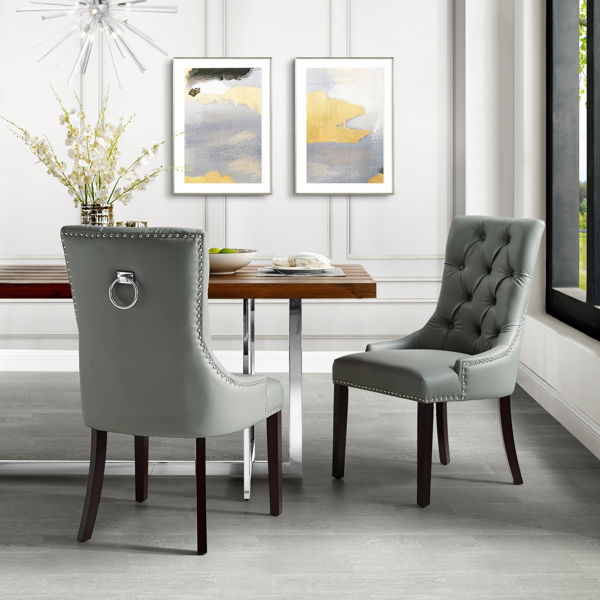 Inspired Home Faith Leather Pu Dining Chair Set Of 2 Tufted Ring Handle Chrome Nailhead Finish Light Grey Walmart Com Walmart Com