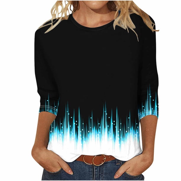 Camisetas Casuales de las Mujeres de Moda Impresa 3/4 Mangas Blusa Cuello Redondo para el Hogar Y Diario