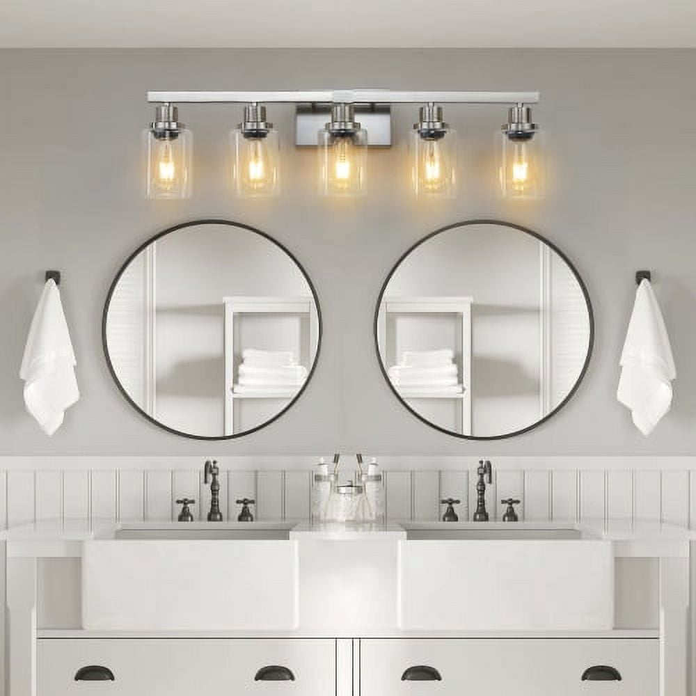 Hi-LIGHTS,Modern 5-Light Bathroom Vanity Light Fixture with Clear Glass Shades & Brushed Nickel Finish,Perfect for Bathroom,Dressing room,Living Room,Bedroom(Brushed Nickel)