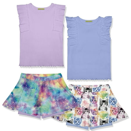 Millie Loves Lily Girls Periwinkle and Orchid Rib Tops and Printed Skorts Set Big Girls Size 8 4-PCS