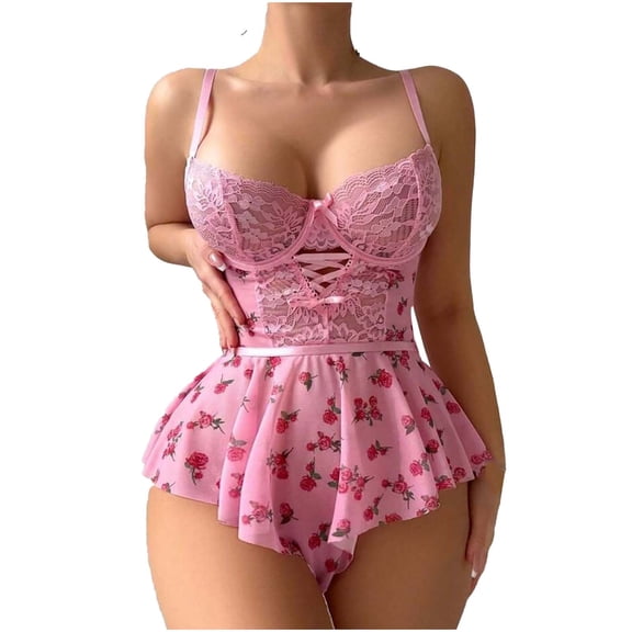 Levmjia Womens Nightwear and Sleepwear Lace Mesh Teddy Bodysuit Sheer Dress Lingerie Set with Bow for Couples Romantic Comfortable Stretchy and Alluring