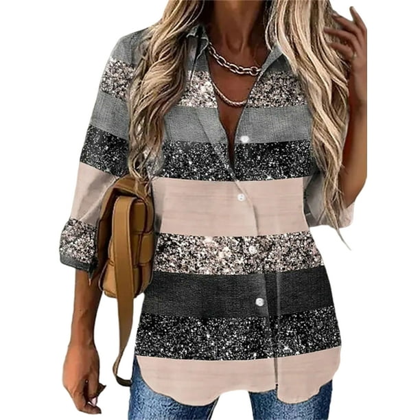 Blusas de mujer con botones y cuello de solapa, camiseta holgada informal Vintage, camisas de playa de manga larga