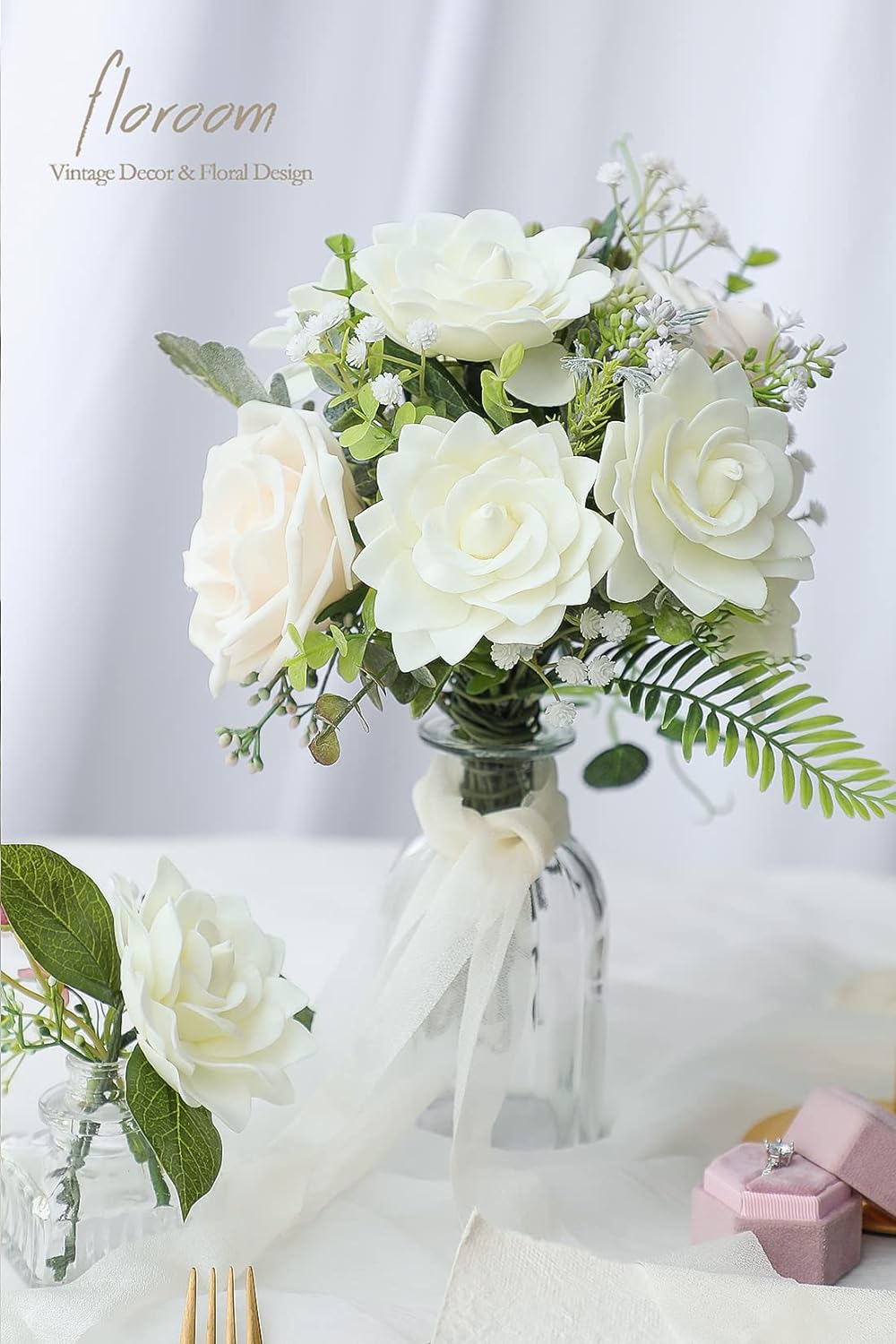 Artificial Gardenia Flowers 2.7" 25pcs Real Looking Ivory Foam Fake Flowers with Stems for DIY Wedding Bouquets Bridal Shower Centerpieces Floral Arrangements Party Tables Home Decorations